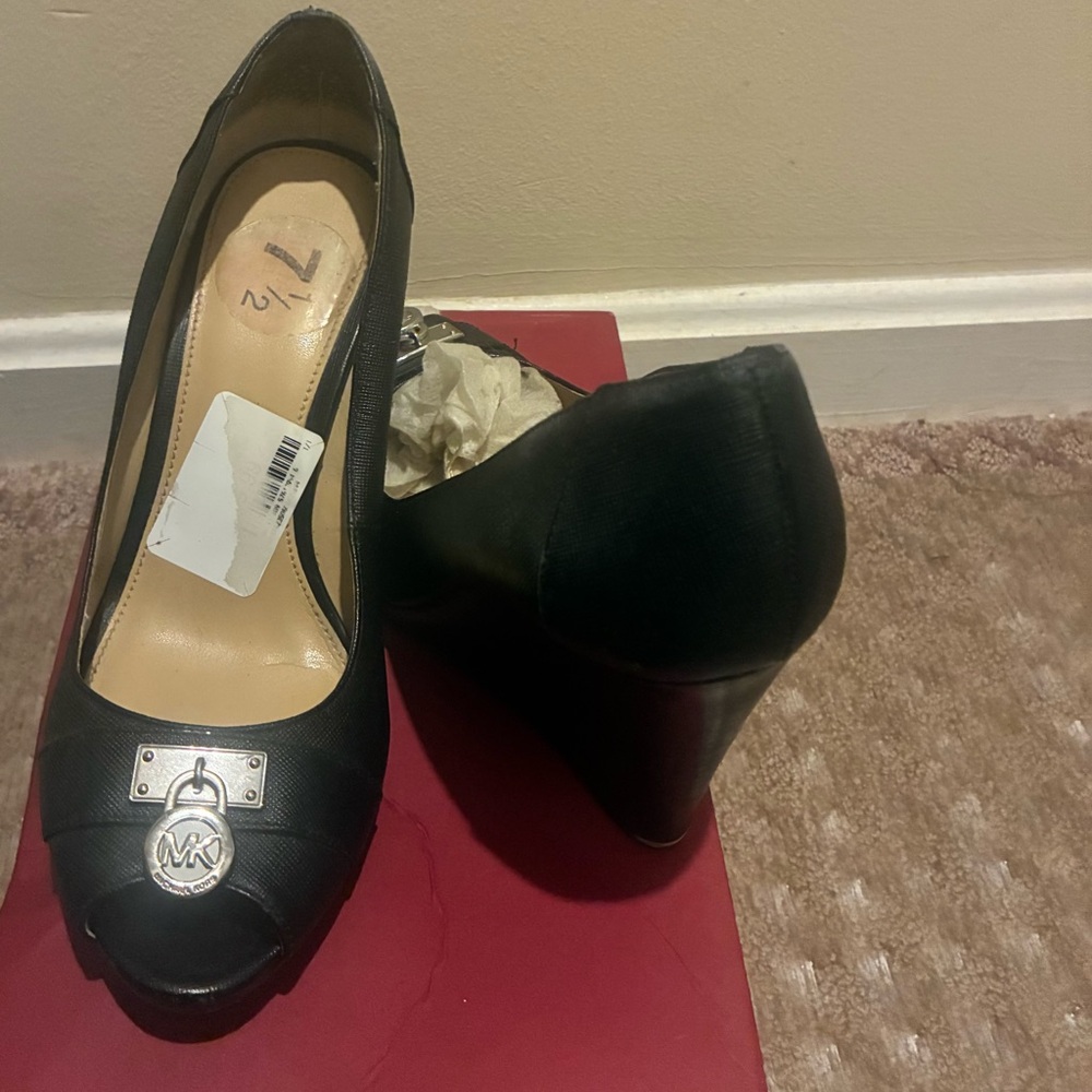 Michael Kors Black Platform Peep-Toe Pumps with MK Charm